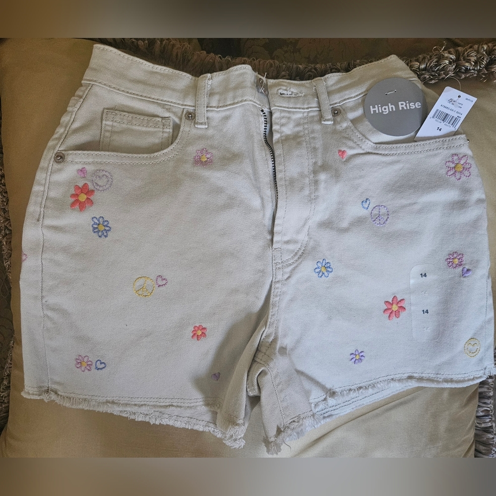 NWT Gap Girls shorts embroidered denim high rise adjustable waist beige - Picture 11 of 11